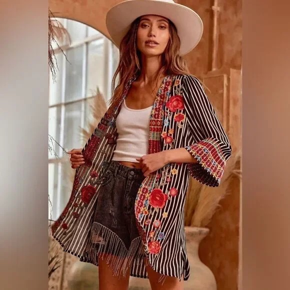 Savannah Jane EMBROIDERED STRIPED CARDIGAN small boho festival floral - Picture 3 of 13